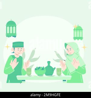 carino piatto illustrazione eid mubarak saluto. immagine piatta sul digiuno. illustrazione carina di rottura veloce. carino illustrazione piatta ramadan. Illustrazione Vettoriale