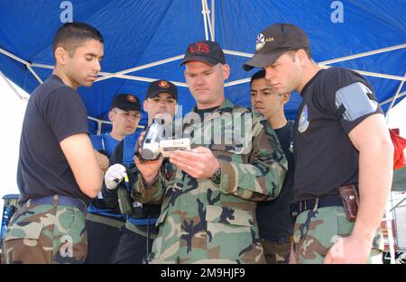 020402-F-8833H-160. [Complete] Scene Caption: US Air Force (USAF) STAFF Sergeant (SSGT) Gregg Wozniak, da 366th Civil Engineer Squadron (CES), Explosive Ordnance Disposal (EOD) Flight, Mountain Home Air Force base (AFB), Idaho (ID), mostra ai membri del team di indagine le riprese video acquisite in precedenza del pacchetto sospetto. L'osservazione è, AIRMAN First Class (A1C) John Lopez e A1C Felix Jauregui, AIRMAN (AMN) Kyle Leger, dal volo Bio-ambientale, 366th Aeromedical Dental Squadron (ADS), Mountain Home Air Force base (AFB), US Army (USA) STAFF Sergeant (SSG) Donnie Johnson e USA SS Foto Stock