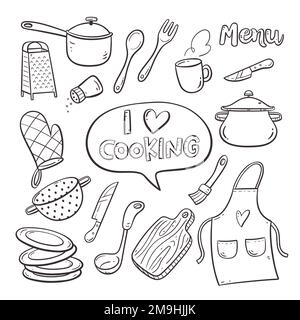 Doodle utensili da cucina ed elettrodomestici. Bella illustrazione con oggetti di cottura isolati in formato vettoriale. Collezione utensili da cucina. Figura 2 della Illustrazione Vettoriale