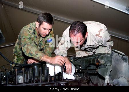 US Air Force (USAF) Technical Sergeant (TSGT) Cullen Lawrence, un funzionario non commissionato responsabile (NCOIC) della manutenzione dei veicoli e Royal Australian Air Force, Corporal (CPL) Tony J. Parsons, un tecnico delle attrezzature di supporto a terra, esaminano un blocco motore su un camion della serie M da 2 1/2 tonnellate presso Peter J. Ganci Jr Air base, Kirghizistan, a sostegno di operazioni CHE DURANO LA LIBERTÀ. Soggetto operativo/Serie: ENDURING FREEDOM base: Peter J. Ganci Jr. Air base state: Chuskaya Oblast Nazione: Kirghizstan (KGZ) scena Major Command mostrata: CENTAF Foto Stock