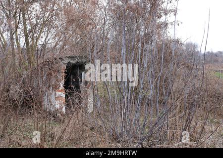 Luogo di residenza abbandonato delle persone. Ingresso seminterrato. Foto Stock