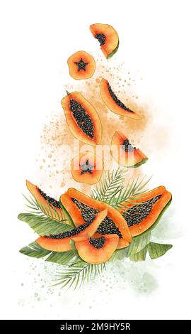 Esotico Papaya frutta tropicale. Acquerello illustrazione disegnata a mano del dessert del succo su fondo isolato. Composizione verticale con schizzi astratti e foglie di palma verde. Disegno per produzione alimentare Foto Stock