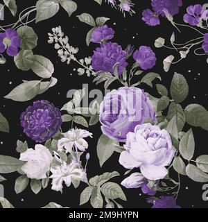 Viola giardino rose vettoriale motivo floreale vintage acquerello Illustrazione Vettoriale