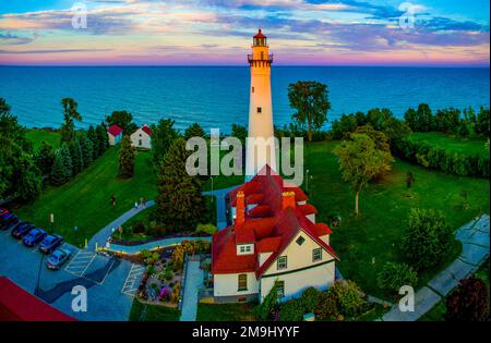 Vista aerea del faro di Wind Point, Racine, Wisconsin, Stati Uniti Foto Stock