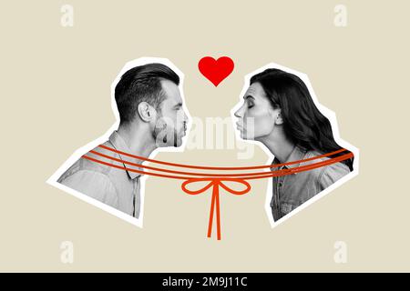 Foto creativa 3D collage artwork poster cartolina di coppia carino amore bacio celebrare luna di miele isolato su sfondo pittura Foto Stock