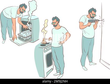 Un uomo fa le faccende domestiche, smantella la lavastoviglie, prepara il caffè al mattino e si sfora il muro con un trapano. Marito responsabile Illustrazione Vettoriale