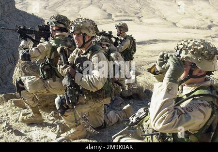 Primo tenente (1LT) James Bourie e soldati con 'A' Company, 2nd battaglione, 504th Paracute Fantery Regiment (PIR), White Devils, 82nd Airborne Division, utilizzano i loro scopi e binocoli per cercare il nemico durante una pattuglia di combattimento sulle montagne di ADI Ghar, Afghanistan, a sostegno dell'operazione CHE PERENNE LA LIBERTÀ. Oggetto operazione/Serie: LIBERTÀ DUREVOLE Paese: Afghanistan (AFG) Foto Stock