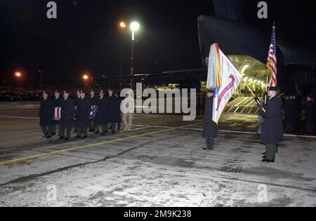 Una guardia d'onore dell'esercito statunitense (USA) trasporta una bandiera di casi di trasporto drappeggiato da un aereo dell'aviazione militare statunitense (USAF) C-17A Globemaster III, durante una cerimonia di Soldato caduto, condotta sulla linea di volo presso la base aerea di Ramstein (AB) Germania. La bara abbatta i resti di un soldato americano ucciso quando un elicottero UH-60 Black Hawk si schiantò fuori da Bagram, Afghanistan, mentre volava una missione di allenamento di routine. Base: Ramstein Air base Stato: Rheinland-Pfalz Paese: Deutschland / Germania (DEU) Foto Stock