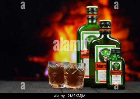 KIEV, UCRAINA - 4 MAGGIO 2022 Jagermeister bottiglia di alcol originale su tavolo di legno con camino rosso sullo sfondo. Produzione di alcool Elite Foto Stock