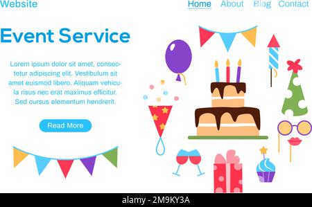 Modello di pagina Web del servizio eventi con pulsante. Illustrazione Vettoriale