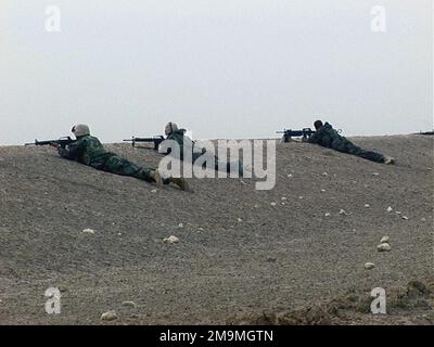 Tre marine statunitensi (USMC) della Headquarter Company (HQTRS), Regimental Combat Team 5th Marines (RCT-5), 1st Marine Division (MARDIV), Camp Pendleton, California (CA), forniscono sicurezza, con fucili d'assalto da 5,56 mm M16A2, ad una fermata non programmata per il loro convoglio in rotta verso l'Area dell'Assemblea tattica (TAA) durante l'operazione IRACHENA LIBERTÀ. (Immagine substandard). Soggetto operativo/Serie: LIBERTÀ IRACHENA Paese: Iraq (IRQ) Foto Stock