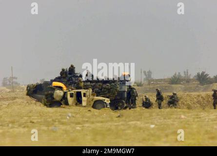 Corpi marini STATUNITENSI (USMC) i marines assegnati a Charlie Company, 1st battaglione, 7th marines, si spostano in posizione con un veicolo d'assalto anfibio (AAV7A1) per impegnare le forze di terra irachene in un impianto di stoccaggio del petrolio abbandonato vicino ad Az Zubayr, Iraq, durante l'operazione DI LIBERTÀ IRACHENA. (Immagine substandard). Soggetto operativo/Serie: BASE PER LA LIBERTÀ IRACHENA: AZ Zubayr Paese: Iraq (IRQ) Foto Stock