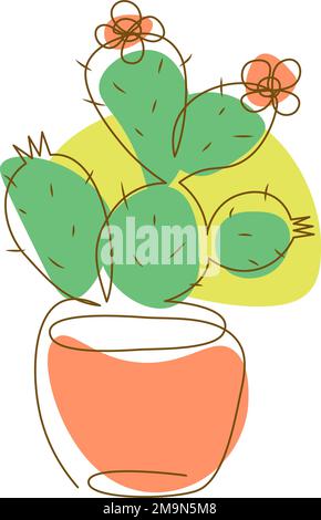 Composizione astratta con cactus in pentola. Disegno a linea continua con forme dinamiche colorate Illustrazione Vettoriale