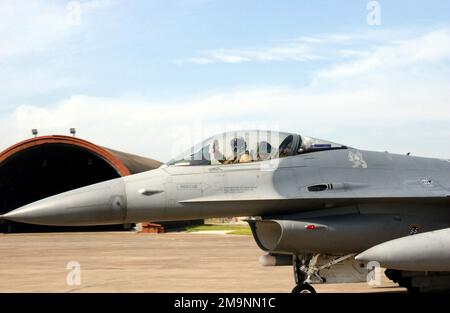 US Air Force (USAF) Capitano (CPT) Russ Shinn (pilota) 55th Expeditionary Fighter Squadron (EFS), Shaw Air Force base (AFB) South Carolina (SC), saluta dall'abitacolo del suo F-16CJ Fighting Falcons Aircraft, mentre si tassa alla Incirlik Air base (AB), Turchia, Per la sua missione finale dopo 12 anni di successo di applicazione della no-fly-zone sul nord Iraq, a sostegno dell'operazione NORTHERN WATCH. Soggetto operativo/Serie: NORTHERN WATCH base: Incirlik Air base, Adana Paese: Turchia (TUR) Foto Stock