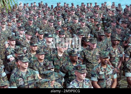 Un raduno di III Marine Expeditionary Force (MEF) Marines al Beachhead, un club arruolato situato a Camp Schwab, Okinawa, per ascoltare un briefing dal generale (GEN) Michael W. Hagee, comandante del corpo dei Marine (CMC), e Sergente maggiore del corpo dei Marine (SMMC) Alford McMichael. GEN Hagee visitò il III MEF per la prima volta come CMC, durante la sua visita visiterà le basi marine situate a Okinawa, Giappone. Base: Camp Schwab Paese: Giappone (JPN) Foto Stock