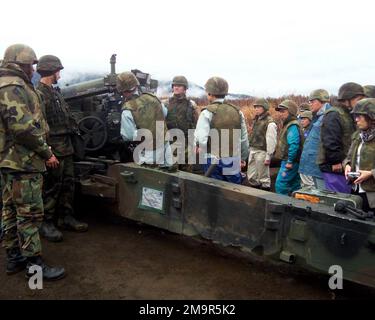 031130-M-4711R-071. US Marine Corps (USMC) Sergeant (SGT) Jeremy Black (fotocamera centrale, rivolta verso l'alto), 5th battaglione (BN), 10th Marines, batteria Tango, Spiega le funzioni dell'howitzer M198 da 155 mm ai funzionari locali giapponesi della città e ai media durante un tour attraverso il sito di formazione in Giappone. Il tour ha permesso ai giapponesi di vedere l'addestramento all'artiglieria eseguito da Tango Battery, temporaneamente collegato a 3rd Battaglione, 12th Marines (3/12), per un programma di distribuzione dell'unità (UDP). Foto Stock