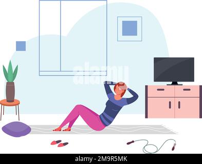 Donna che fa i pushups nell'interno della stanza. Home fitness. Illustrazione vettoriale Illustrazione Vettoriale