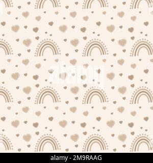 motivo senza cuciture di arcobaleno marrone e cuori su sfondo beige Foto Stock