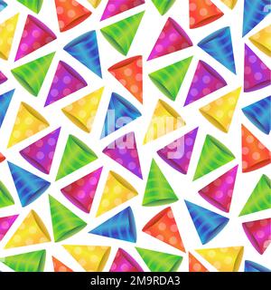 Motivo divertente senza cuciture con cappelli colorati da festa, sfondo per le feste. Concetto di sfondo di compleanno divertente con cappelli di compleanno per carta da imballaggio, partito desi Illustrazione Vettoriale