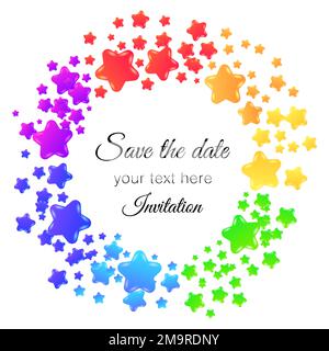 Composizione circolare con stelle colorate disegnate a mano e posto per il testo al centro su sfondo bianco Illustrazione Vettoriale