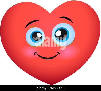 Carino rosso sorridente cuore emoji. Faccia sorridente dell'icona del cuore del cartone animato Illustrazione Vettoriale