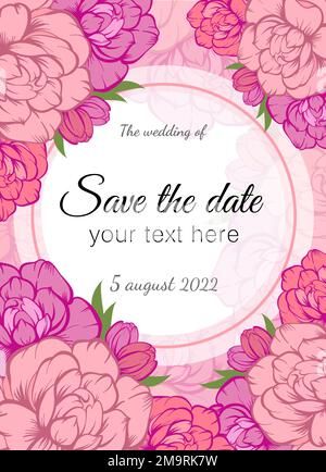 Inviti di nozze vettoriali con rosa di peonia rosa e fiori di tulipano su sfondo rosa. Romantico tender floreale design per invito di nozze, salvare il d Illustrazione Vettoriale