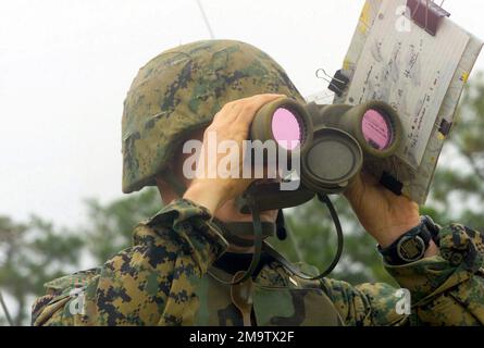 US Marine Corps (USMC) Lieutenant (LT) Steineels, con il 10th Marines, 2nd Marine Division, cerca un impatto tondo artiglieria, durante l'esercizio ROLLING THUNDER 2003. Soggetto operativo/Serie: ROLLING THUNDER 2003 base: Fort Bragg Stato: North Carolina (NC) Paese: Stati Uniti d'America (USA) Foto Stock