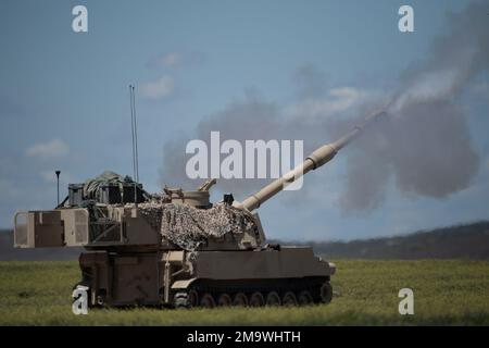 Il reggimento di artiglieria da campo 148th della Guardia Nazionale dell'Idaho Army durante le operazioni in campo di fuoco sul centro di addestramento al combattimento di Orchard. Il reggimento di artiglieria da campo 1-148th fornisce supporto all'artiglieria da campo alla squadra di combattimento delle Brigate Cavalry 116th. Le unità con sede centrale a Pocatello si trovano nelle comunità orientali dell'Idaho di Blackfoot, Burley, Preston, Pocatello, Rexburg e Sant'Antonio. Foto Stock