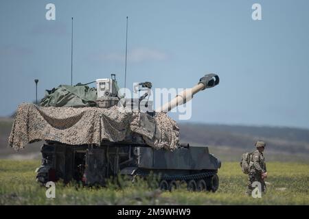 Il reggimento di artiglieria da campo 148th della Guardia Nazionale dell'Idaho Army durante le operazioni in campo di fuoco sul centro di addestramento al combattimento di Orchard. Il reggimento di artiglieria da campo 1-148th fornisce supporto all'artiglieria da campo alla squadra di combattimento delle Brigate Cavalry 116th. Le unità con sede centrale a Pocatello si trovano nelle comunità orientali dell'Idaho di Blackfoot, Burley, Preston, Pocatello, Rexburg e Sant'Antonio. Foto Stock