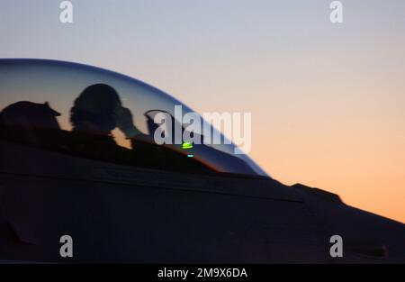 Un pilota non identificato della US Air Force (USAF) del 77th Fighter Squadron (FS), Shaw Air Force base (AFB), South Carolina (SC), guarda il sole sorgere nel suo combattente F-16 Fighting Falcon, mentre attende di uscire in taxi in una missione di prima mattina. (Immagine substandard). Base: Shaw Air Force base Stato: South Carolina (SC) Paese: Stati Uniti d'America (USA) Foto Stock