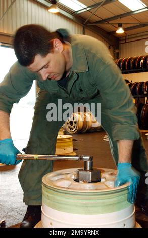 040413-F-9032T-013. [Completo] Scene Caption: US Air Force (USAF) STAFF Sergente (SSGT) John Overby, Crewchief, 48th Equipment Maintenance Squadron (EMS), 48th Fighter Wing (FW), RAF (Royal Air Force) Lakenheath, Regno Unito (UK), serrare un dado su un complessivo ruota principale E. Il 48th EMS fornisce manutenzione a livello intermedio e organizzativo per tre squadroni da combattimento che supportano gli impegni del 48th FW, US Air Forces in Europe (USAFE), US European Command e NATO (North Atlantic Treaty Organization). Le responsabilità comprendono la manutenzione delle attrezzature di terra aerospaziali, la riparazione strutturale, Foto Stock