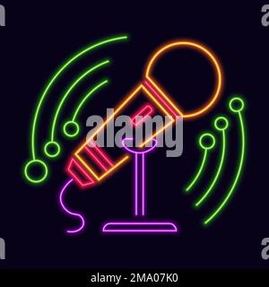 Karaoke club o nightclub neon logo per l'intrattenimento e il riposo. Microfono luminoso isolato con melodie e melodie. Stile di vita in città. Etichetta o stic Illustrazione Vettoriale