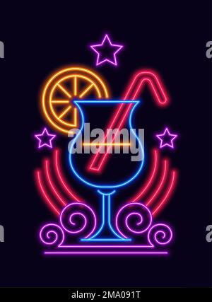 Il logo del night club al neon e' luminoso e serve cocktail e bevande. Bevande alcoliche in pub o bar. Bicchiere con fettine di paglia e arancia. Etichetta o bastone Illustrazione Vettoriale