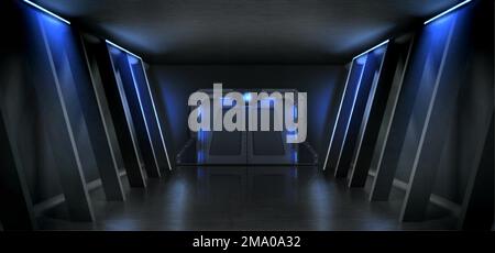Sala scura con porta in metallo chiusa e illuminazione con lampada blu al neon. Rappresentazione vettoriale realistica di laboratorio segreto, veicolo spaziale alieno, riparo bomba i Illustrazione Vettoriale