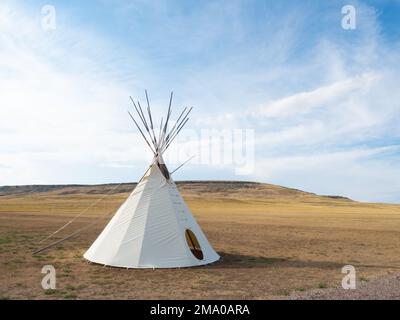 Un tipi o un teepee di tela bianca sul terreno del primo Peoples Buffalo Jump state Park vicino a Ulm, Montana. L'ex salto di bufalo è nel backgro Foto Stock