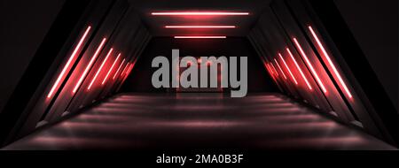 Sala scura con porta in metallo chiusa e illuminazione a lampada al neon rosso. Rappresentazione vettoriale realistica di laboratorio segreto, veicolo spaziale alieno, bomba riparo dentro Illustrazione Vettoriale