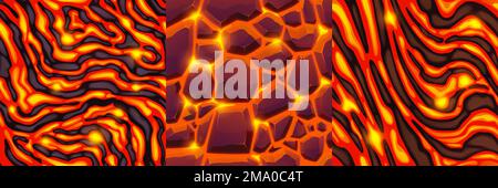 Texture di lava, magma e pietre. Disegni senza cuciture della superficie rocciosa del vulcano con crepe e flussi di lava liquida fusa calda nella vista dall'alto, illustrazione vettoriale dei cartoni animati Illustrazione Vettoriale