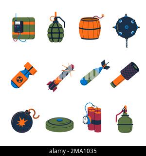 Bomba tipi, missili e missili icone vettore Illustrazione Vettoriale