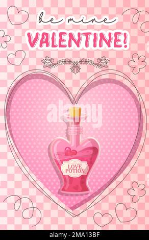 Poster di San Valentino. Sia la mia carta di San Valentino con pozione di amore nel foro a forma di cuore. Illustrazione Vettoriale