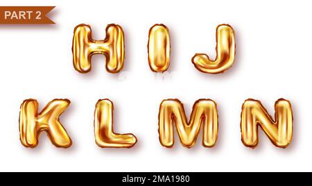Alfabeto palloncini d'oro vettore realistico. Lettere dorate gonfiabili di foglio di metallo per le feste dei bambini, fonte luminosa isolata su fondo bianco, parte 2 Illustrazione Vettoriale