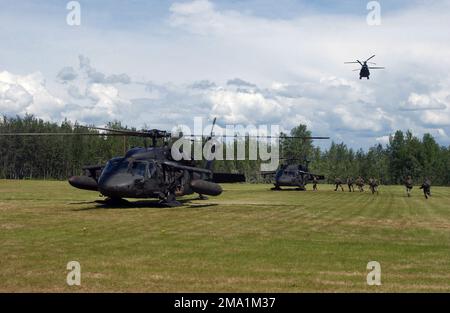 040614-F-3488S-015. [Completa] Caption scena: US Marine Corps (USMC) Marines da Marine Security Element (MSE), India Company (i CO), 3rd battaglione (BN), 3rd Marines, Marine Corps base Hawaii (MCBH) Kaneohe Bay, Hawaii (HI), carico su due US Army (USA) UH-60 Blackhawks (Black Hawk), Alpha Company (A, Chinook CH), USA come a-47 Bravo Company (B CO), entrambi da 4th battaglione, 123rd Theater Aviation (4-123rd Aviation Regiment), Fort Wainwright Army Post, Alaska (AK), arriva a prendere i rimanenti Marines durante l'esercizio NORTHERN EDGE 04. I Marines condussero operazioni militari a Urban Terr Foto Stock