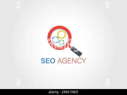 SEO logo multicolore con lente d'ingrandimento e ingranaggi Illustrazione Vettoriale