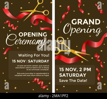 Grande apertura, forbici taglio banner nastro rosso Illustrazione Vettoriale