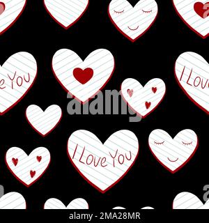 Carta ritagliata cuori senza cuciture motivo. Cuori e lettere graffiati su carta per notebook su sfondo nero. Stampa a più cuori Foto Stock