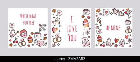 Set vettoriale di carte giorno di San Valentino, post sociali con simboli in stile doodle Illustrazione Vettoriale