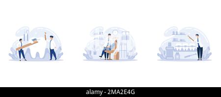 Banner Web dentista o set di landing page. Medico dentista in uniforme trattamento denti umani utilizzando apparecchiature mediche. Idea di igiene orale e dentale, set fl Illustrazione Vettoriale