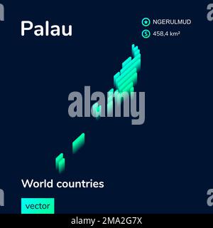 Mappa Palau 3D. Mappa isometrica naon vettoriale stilizzata a strisce nei colori verde e menta Illustrazione Vettoriale