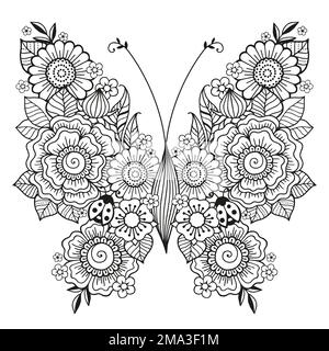 Pagina del libro di colorazione vettoriale per adulti. Immagine in bianco e nero di una bella farfalla da fiori Illustrazione Vettoriale