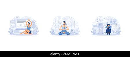 Meditazione online. Self-management, auto-regolazione apprendimento, corso di auto-organizzazione, controllo sulle emozioni metafora Online yoga a casa meditazione. Illustrazione Vettoriale