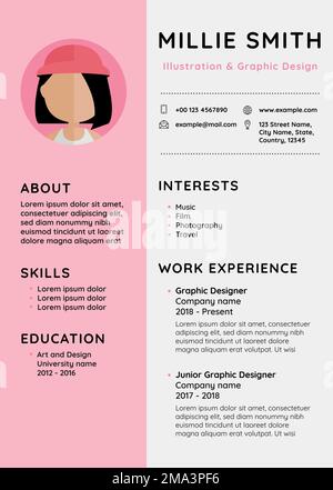 CV femminile con template vettoriale modificabile per i professionisti e i livelli di ingresso Illustrazione Vettoriale